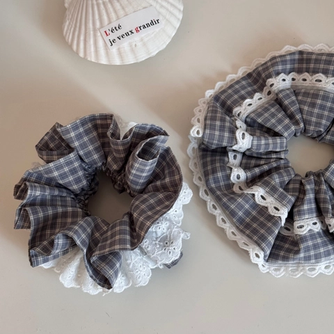 Scrunchie in Pizzo Gingham Grigio Oversize in Stile Coreano per Donna Elastico per Capelli Vintage Grande Grande Accessori per Capelli a Quadretti Plissettati Fatti a Mano