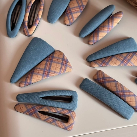 Ensemble de Pinces à Cheveux Géométriques en Tissu Plaid Style Coréen pour Femmes Série Bleue Pinces BB Enveloppées de Tissu