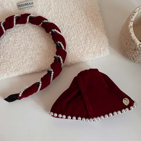 Orecchini Vintage in Velluto Rosso Vino Con Künstliche Perle Fiocco Bottone in Lega Eleganti Accessori per Capelli da Donna Stile Coreano
