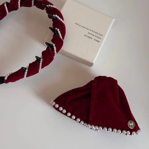 Orecchini Vintage in Velluto Rosso Vino Con Künstliche Perle Fiocco Bottone in Lega Eleganti Accessori per Capelli da Donna Stile Coreano