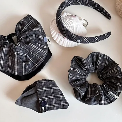 Accessori per Capelli in Tessuto a Quadretti Grigio Scrunchies Mollette a Fiocco Fascia per Donna Ragazza Stile Coreano