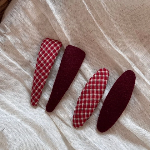 Korean Vintage Red Plaid And Solid Dark Red Cloth Wrapped BB Hair Clips Handmade Hairpins For Women Girls Hair Accessories