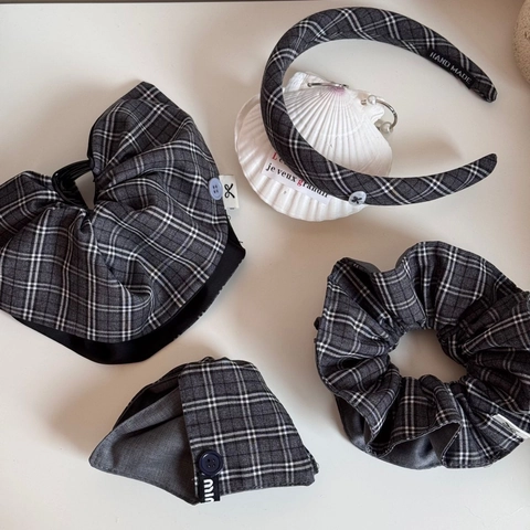 Accessori per Capelli in Tessuto a Quadretti Grigio Scrunchies Mollette a Fiocco Fascia per Donna Ragazza Stile Coreano