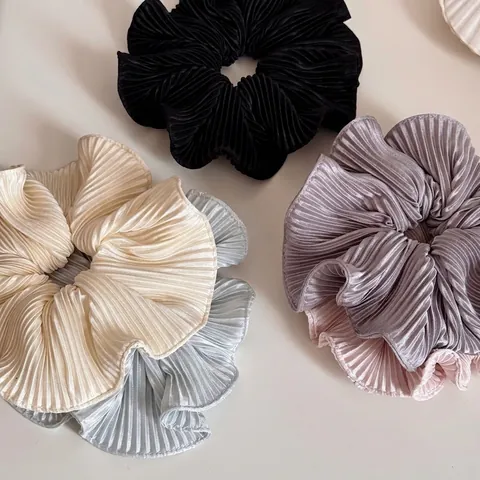 Large Pleated Satin Scrunchies Elegant Plissé Hair Ties For Women High Elasticity Fabric Ponytail Holder Solid Color Accessory
