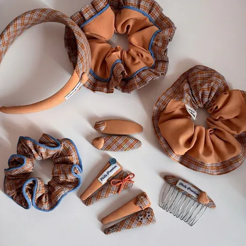 Ensemble de Pinces à Cheveux en Tissu Plaid Vintage Coréen pour Femmes Orange Brun Étoile Cœur Chouchous Serre-tête Accessoires de Coiffure