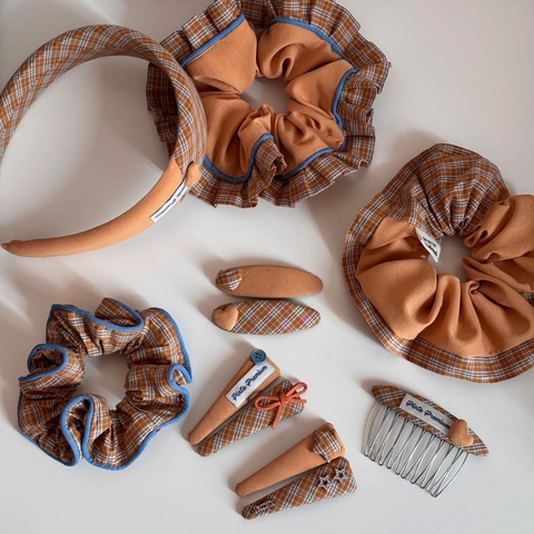 Ensemble de Pinces à Cheveux en Tissu Plaid Vintage Coréen pour Femmes Orange Brun Étoile Cœur Chouchous Serre-tête Accessoires de Coiffure