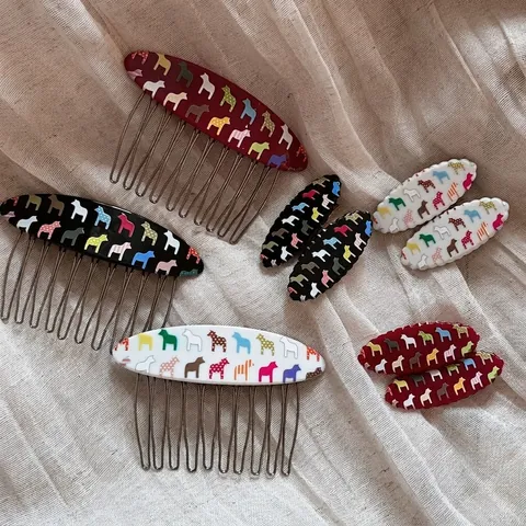 Nordischer Stil Dalapferd Muster Harz Haarkamm Legierung Metall Haarspange Damen Bunte Geometrische Druck Haarschmuck
