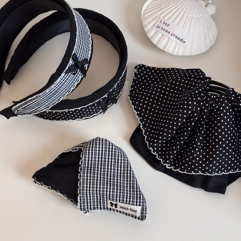 Vintage Fabric Bow Headband For Women Black White Checkered Polka Dot Hair Accessories Handmade Lace Trim Hair Tie Claw