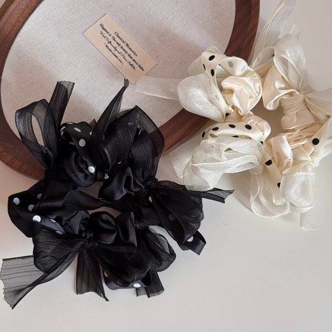 French Style Large Bow Scrunchies For Women Ribbon Knot Polka Dot Satin Organza Hair Ties Elegant Ponytail Holder Jewelry