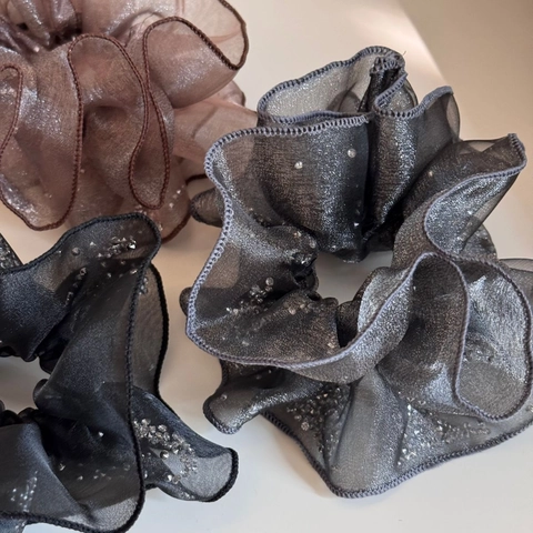 Large Organza Pleated Scrunchie With Rhinestone Accents Sparkling Hair Tie Elastic Hair Band For Women Fashion Hair Accessories