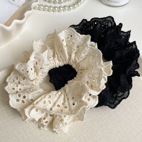 Franse Vintage Kant Opengewerkte Bloem Scrunchie Elegante Stof Grote Haarband Zoete Meisjes Ponytail Houder Haaraccessoires