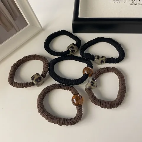 Coleteros de Alta Elasticidad para Mujer Estampado de Leopardo Corazón Cuadrado Perlas de Ámbar Accesorios de Banda de Pelo Plisados