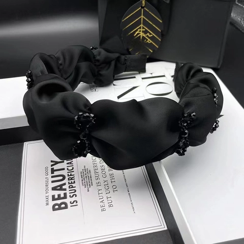 Elegant Black Satin Ruched Headband For Women Handmade Beaded Bow Hair Band Fashion Chic Ruched Hair Hoop Accessory
