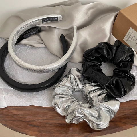 Diadema Acolchada de Cuero Sintético Hecha a Mano Y Coletero Fruncido Para Mujer Accesorios de Pelo Vintage Negro Plata