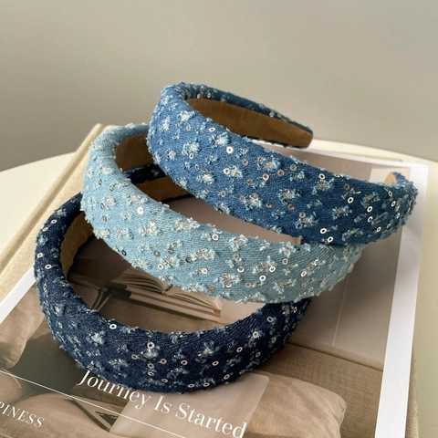 Fascia per Capelli in Tessuto Denim con Paillettes per Donna Imbottita Corona Alta Retro Moda Accessori per Capelli Fatti a Mano