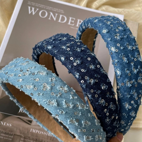 Fascia per Capelli in Tessuto Denim con Paillettes per Donna Imbottita Corona Alta Retro Moda Accessori per Capelli Fatti a Mano