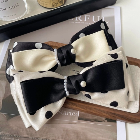 Elegante Fermaglio per Capelli con Fiocco a Pois Francese per Donna in Nastro di Raso Perla Artificiale Fermaglio a Molla Vintage