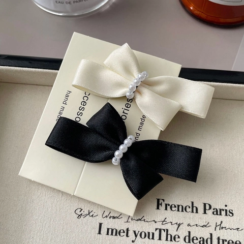 Fermaglio per Capelli con Fiocco Vintage e Perle Artificiali Nastro in Poliestere Elegante Molletta Nera Bianca per Donna
