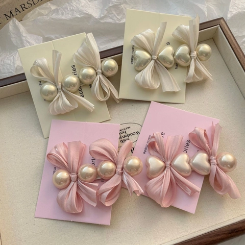 Pince à Cheveux Nœud en Satin Doux Avec Perle Artificielle Cœur Style Français Pince à Bec de Canard pour Femme