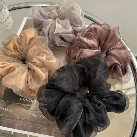 Oversized Solid Color Organza Scrunchie Double Layer Hair Tie Korean Style Elegant Elastic Hair Band For Women Accessories