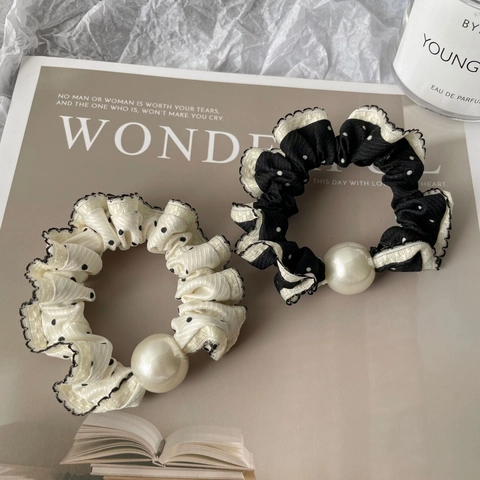 Scrunchies Francesi Vintage a Pois Bianchi e Neri Con Grande Perla Artificiale Bordo con Volant Elastici per Capelli Donna Accessori