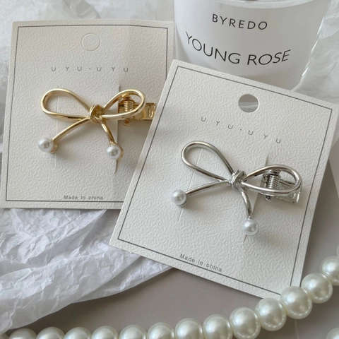 Elegante Fermaglio per Capelli Fiocco in Metallo Con Perla Artificiale Dolce Minimalista Fermaglio a Becco d'Anatra Oro Argento Donna