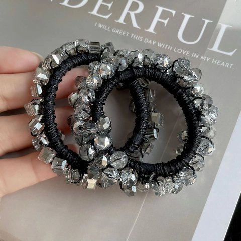 Elastico per Capelli Semplice in Stile Coreano Perline di Cristallo Artificiale Grigio Argento Elegante Legaccio a Mano Donna