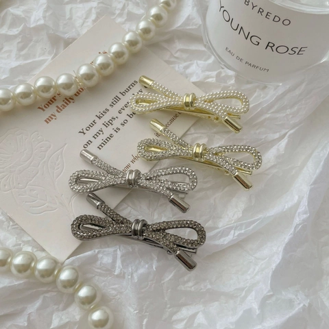 Pinza De Pelo Con Lazo De Metal Estilo Dulce Y Fresco Con Pedrería Y Perla Artificial De Imitación Pinza De Pico De Pato Brillante Para Mujer