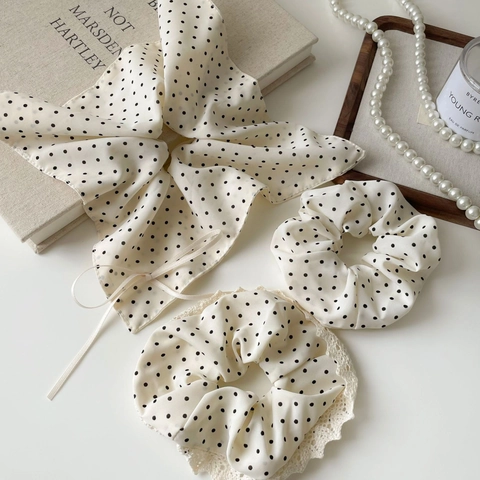 Französischer Vintage Polka Dot Satin Haargummi Mit Spitzenbesatz Schleifenband Haarband Florales Halstuch Bandana Damen Haarschmuck