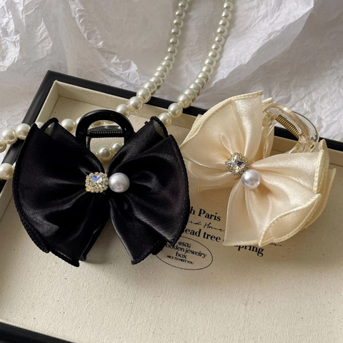 Elegante Molletta per Capelli a Fiocco Grande in Raso Con Strass e Künstliche Perle Accessori per Capelli di Lusso in Stile Coreano