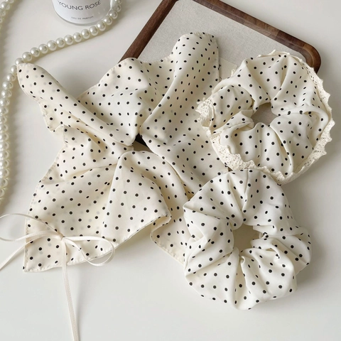 Französischer Vintage Polka Dot Satin Haargummi Mit Spitzenbesatz Schleifenband Haarband Florales Halstuch Bandana Damen Haarschmuck