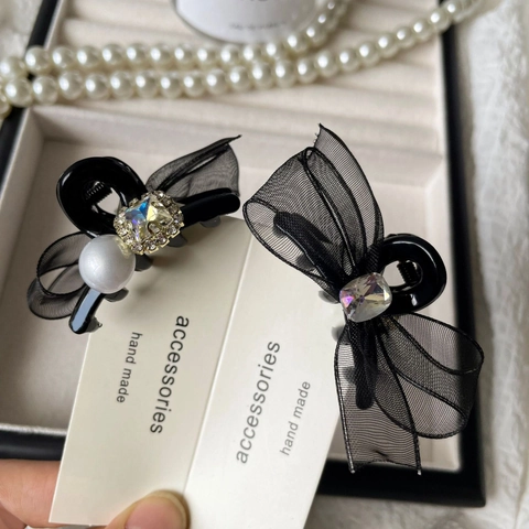 Fermaglio per Capelli con Fiocco in Rete Stile Francese Con Perla Artificiale e Strass Forcina per Capelli Elegante Donna