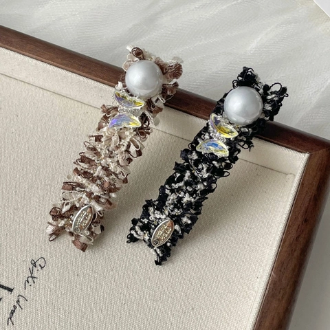 Pince à Cheveux Élégante en Tissu Tweed Avec Perle Artificielle Et Décoration de Papillon Doux Style Coréen Accessoire de Cheveux Fait Main pour Femmes