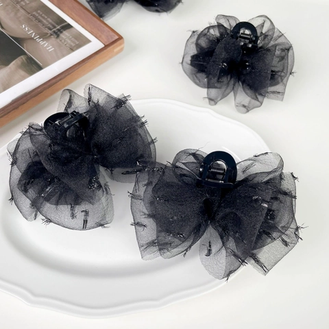 Eleganter Schwarzer Netz Schleife Haarkralle Für Damen Handgefertigt Doppelseitiger Stoff Blase Haarklammer Vielseitiges Styling Accessoire