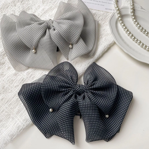 Fermaglio per Capelli in Chiffon Vintage Francese con Fiocco a Pois e Perla Artificiale Elegante Pinza per Capelli Donna