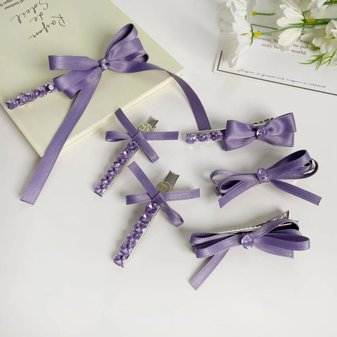 Pinza para el Pelo con Lazo de Diamantes de Imitación Morada para Mujer Cinta de Satén Pinza de Pico de Pato Joyería
