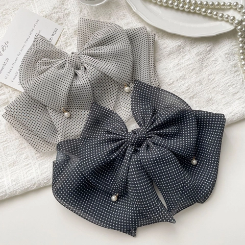 Fermaglio per Capelli in Chiffon Vintage Francese con Fiocco a Pois e Perla Artificiale Elegante Pinza per Capelli Donna