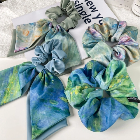 Elastico per Capelli in Raso Monet Pittura a Olio Vintage Francese Elegante Fiocco con Stampa Floreale per Donna