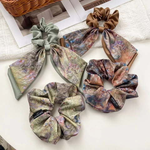Elastico per Capelli in Satin Vintage Francese con Stampa Pittura a Olio Fiore Artistico Grande Elastico per Capelli per Donna Accessori per Capelli