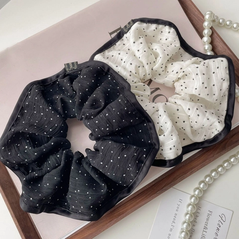 Coleteros De Tela De Lunares Elegantes Franceses Para Mujer Cuerda Para El Cabello Con Dobladillo En Contraste Accesorios