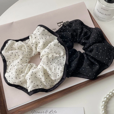 Coleteros De Tela De Lunares Elegantes Franceses Para Mujer Cuerda Para El Cabello Con Dobladillo En Contraste Accesorios