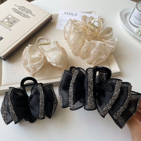 Eleganter Haarklammer Mit Schleife Und Glitzernden Strasssteinen Netzgewebe Große Haarklemme Für Damen Französischer Stil Haarschmuck