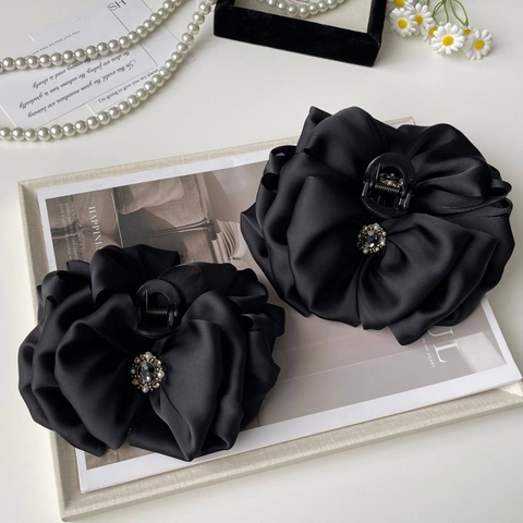 Elegante Molletta per Capelli Nera in Raso con Fiocco e Accenti di Strass e Künstliche Perle Grande Fermaglio Retrò per Donna