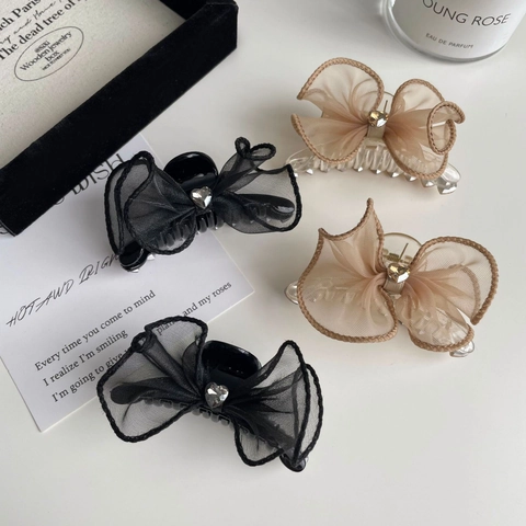 Pince à Cheveux Élégante Nœud en Gaze Avec Strass en Cœur Style Coréen Doux Accessoires Cheveux Pour Femmes