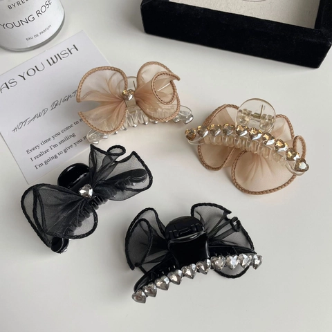 Pince à Cheveux Élégante Nœud en Gaze Avec Strass en Cœur Style Coréen Doux Accessoires Cheveux Pour Femmes