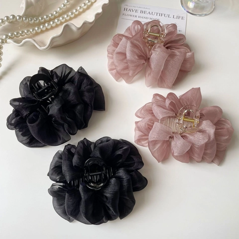 Pinza para el Cabello de Lazo de Organza Grande Plisado Estilo Coreano Dulce Color Sólido Antideslizante Accesorios para el Cabello para Mujer Diario Fiesta