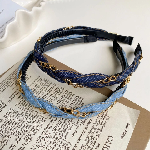 Geflochtenes Denim Haarband Mit Goldener Legierungskette Retro Rutschfestes Haarreif Vintage Mode Haarschmuck Für Damen