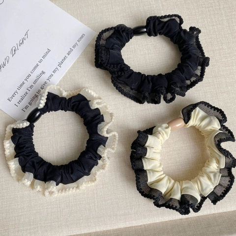 French Vintage Lace Hair Ties For Women Contrast Color Scrunchies Elastic Ponytail Holder Fabric Hair Rope With Decorative Beads