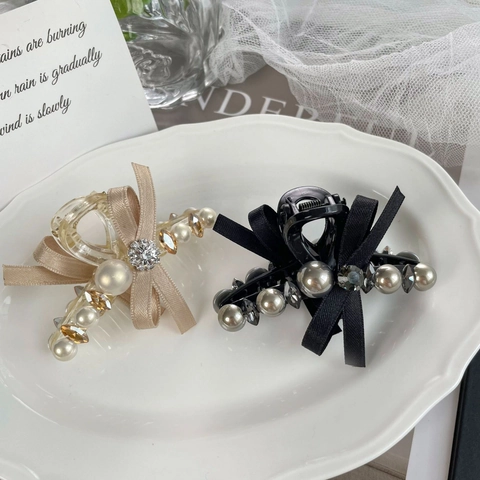 Elegante Molla per Capelli con Fiocco e Perle Artificiali per Donna Clip a Squalo Decorata con Strass Stile Coreano Fatto a Mano