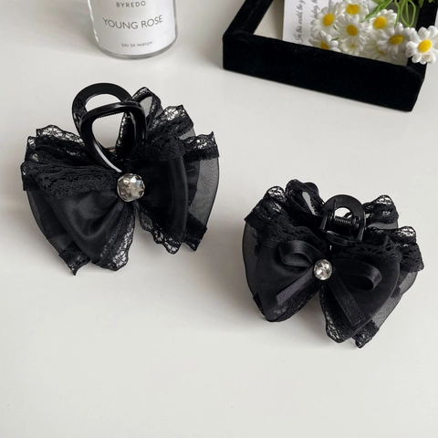 Elegante Pinza per Capelli con Fiocco in Pizzo e Rete Strass Stile Francese Vintage Tessuto Nero Accessorio Donna